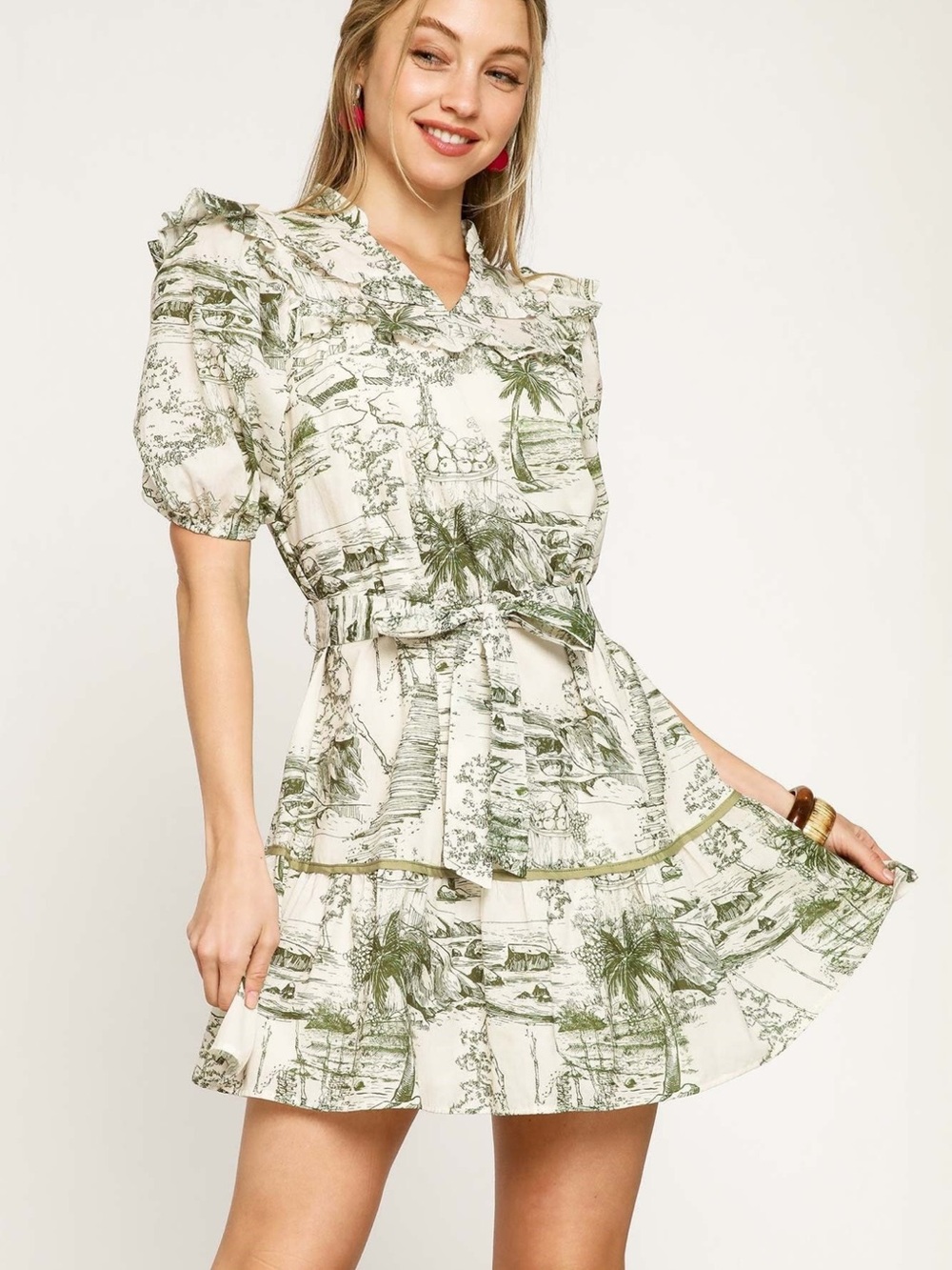 Umgee Printed Ruffle-Sleeve Mini Dress in Green Toile